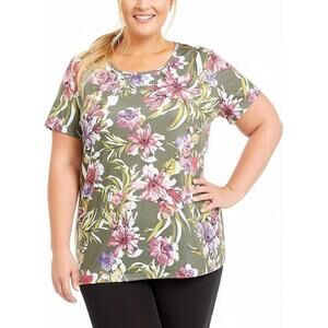 Ideology Womens Floral Printed Keyhole Back T-Shirt 3X